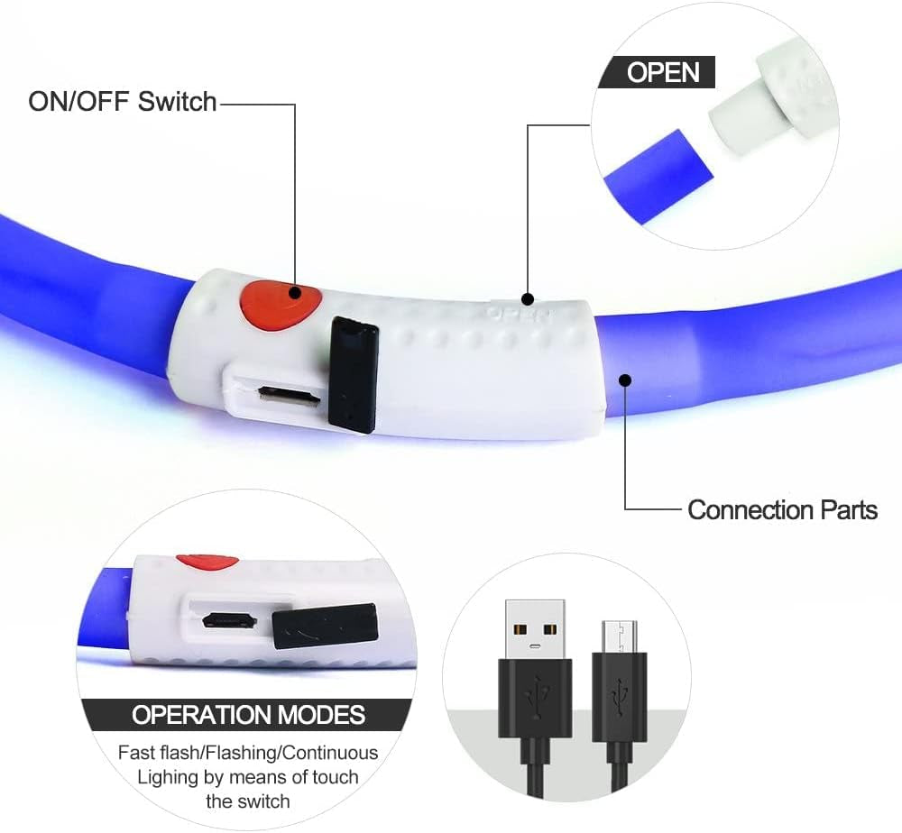 LED Dog Necklace Light, USB Rechargeable Light up Dog Collar, Flash LED Dog Collar for Your Dogs Camping (Blue-Silicone)