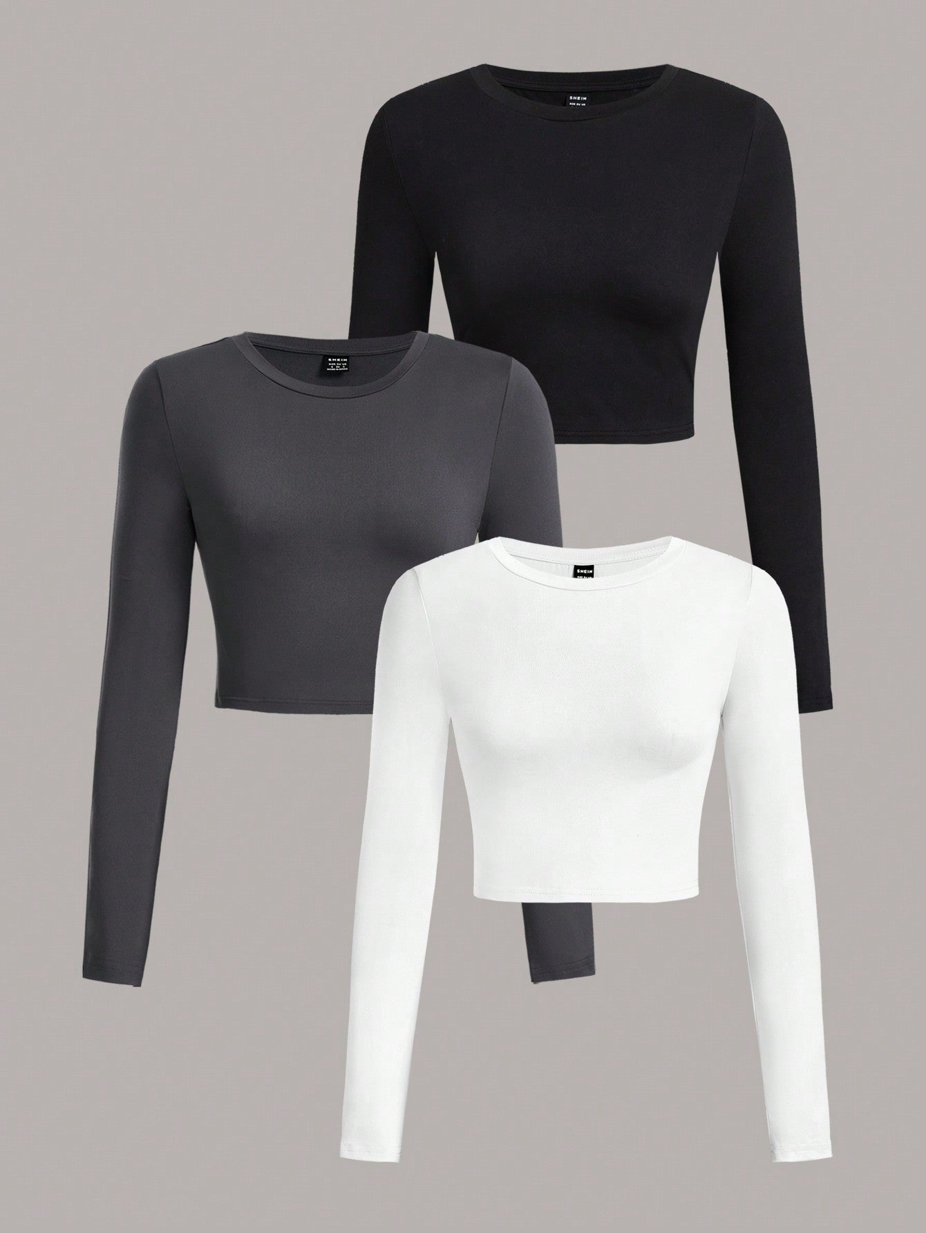 SHEIN Ezwear 3Pcs/Set Casual Minimalist Crew Neck Long Sleeve Cropped Fitted Women T-Shirts, Suitable for Spring & Autumn