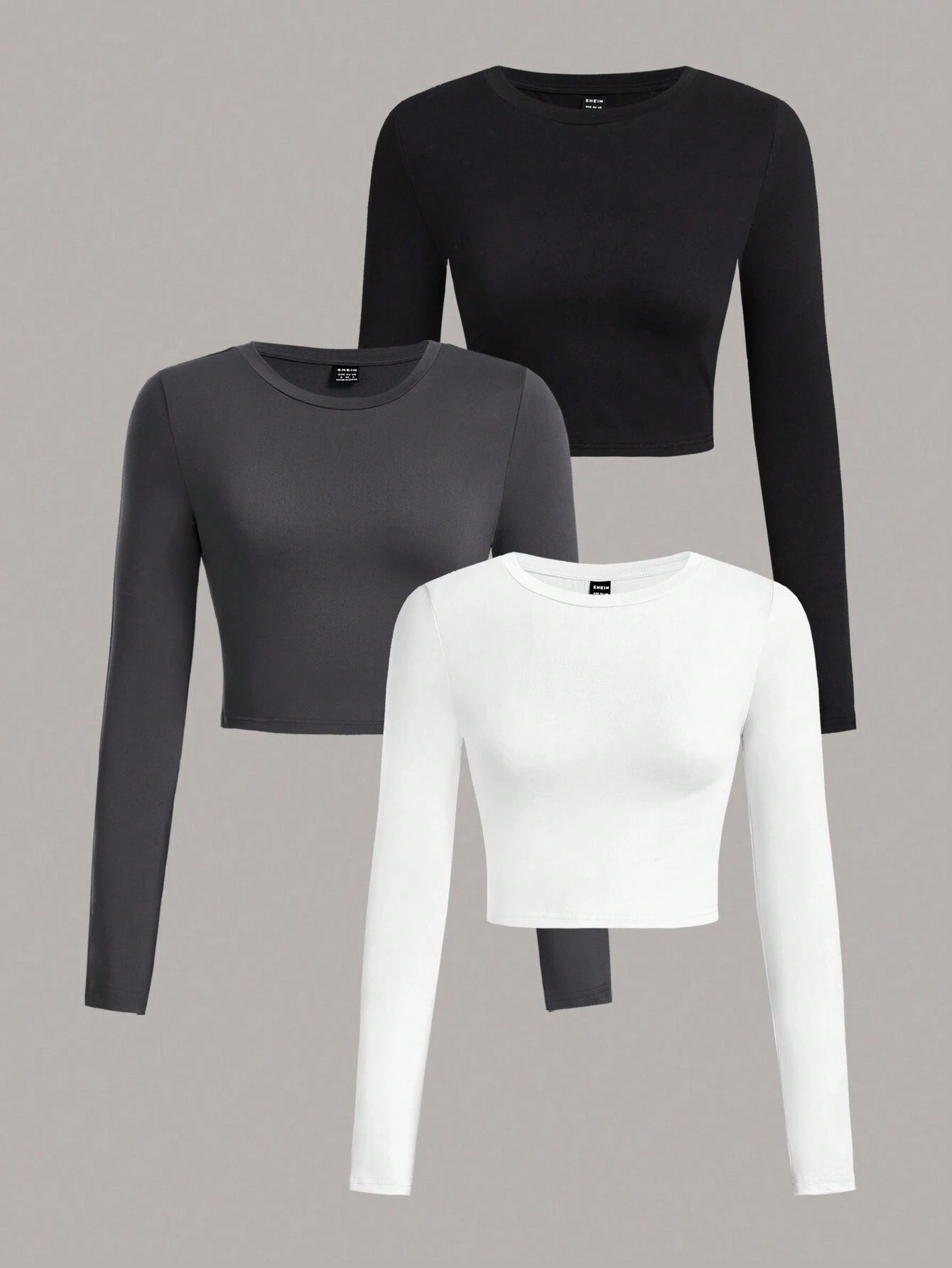 SHEIN Ezwear 3Pcs/Set Casual Minimalist Crew Neck Long Sleeve Cropped Fitted Women T-Shirts, Suitable for Spring & Autumn